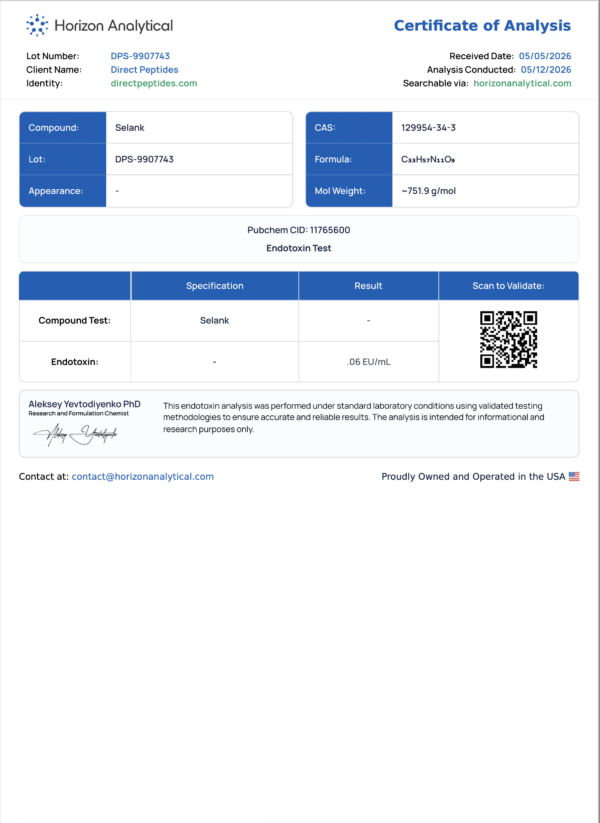 Selank 10mg COA Certificate of Analysis for Selank compound