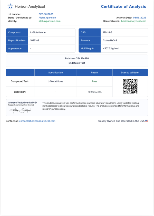 Certificate of Analysis for L-Glutathione endotoxin test from Horizon Analytical