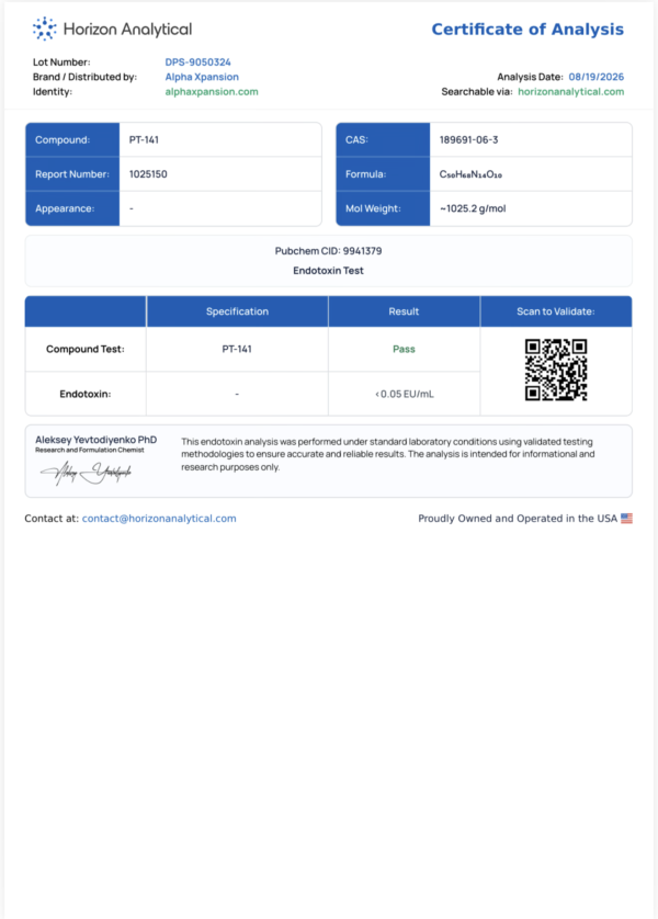 Certificate of Analysis for PT-141 endotoxin test from Horizon Analytical