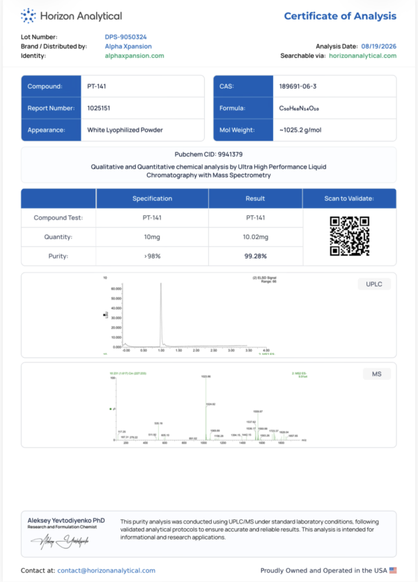 Certificate of Analysis for PT-141 purity report from Horizon Analytical