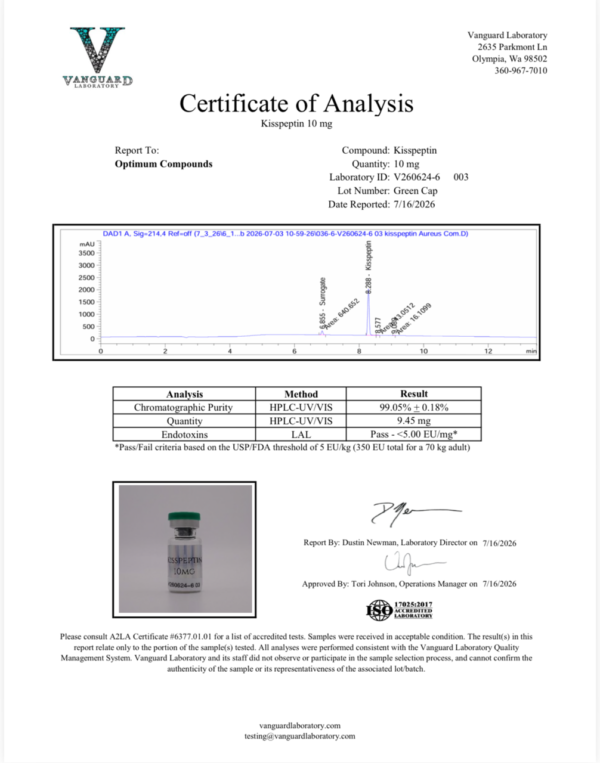 Certificate of Analysis for Kisspeptin 10 mg from Vanguard Laboratory